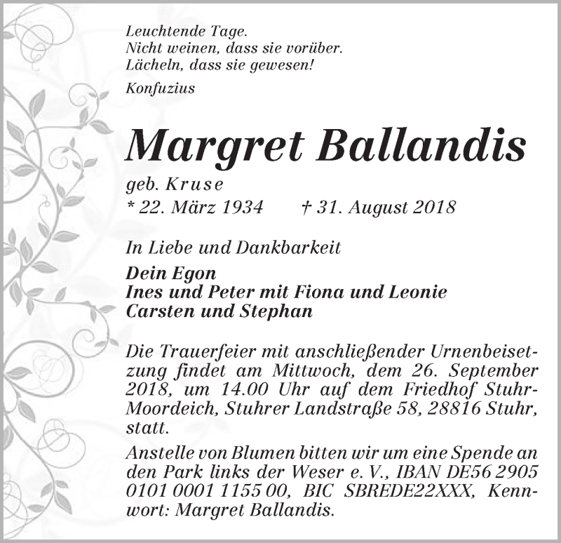 Traueranzeige von Margret Ballandis von WESER-KURIER