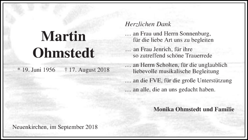 Traueranzeige von Martin Ohmstedt von Die Norddeutsche