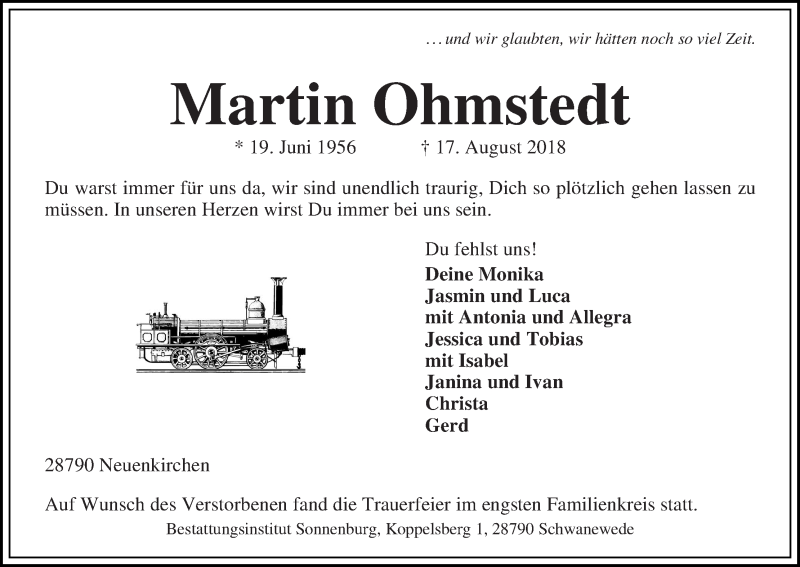 Traueranzeige von Martin Ohmstedt von Die Norddeutsche