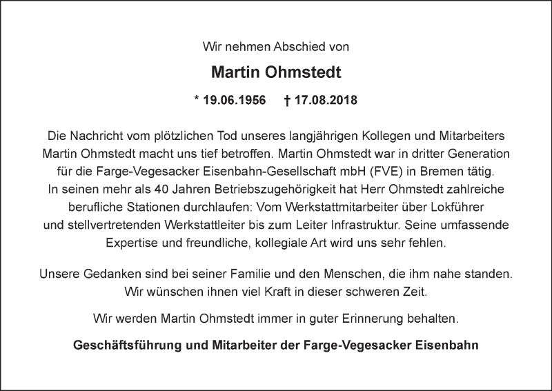 Traueranzeige von Martin Ohmstedt von Die Norddeutsche