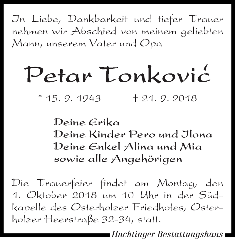  Traueranzeige für Petar Tonkovic vom 29.09.2018 aus WESER-KURIER
