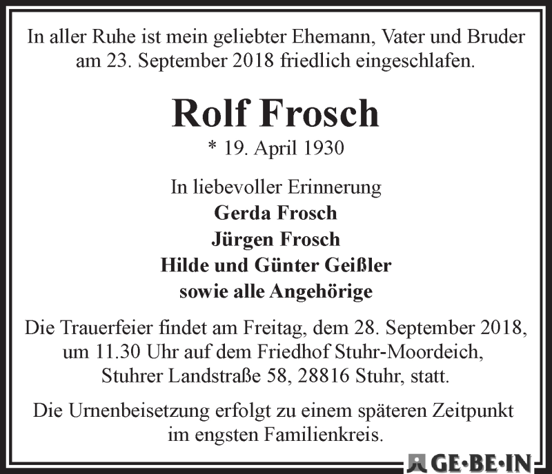  Traueranzeige für Rolf Frosch vom 26.09.2018 aus WESER-KURIER