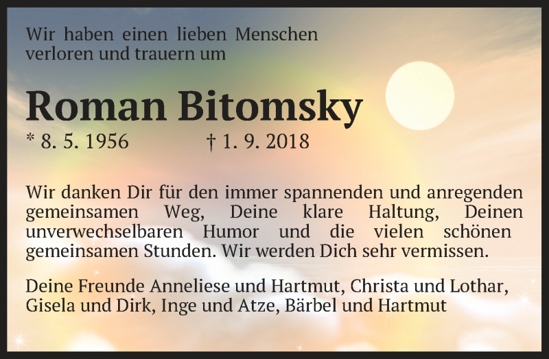  Traueranzeige für Roman Bitomsky vom 08.09.2018 aus Wuemme Zeitung