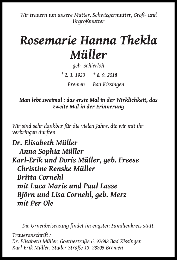 Traueranzeige von Rosemarie Hanna Thekla Müller von WESER-KURIER