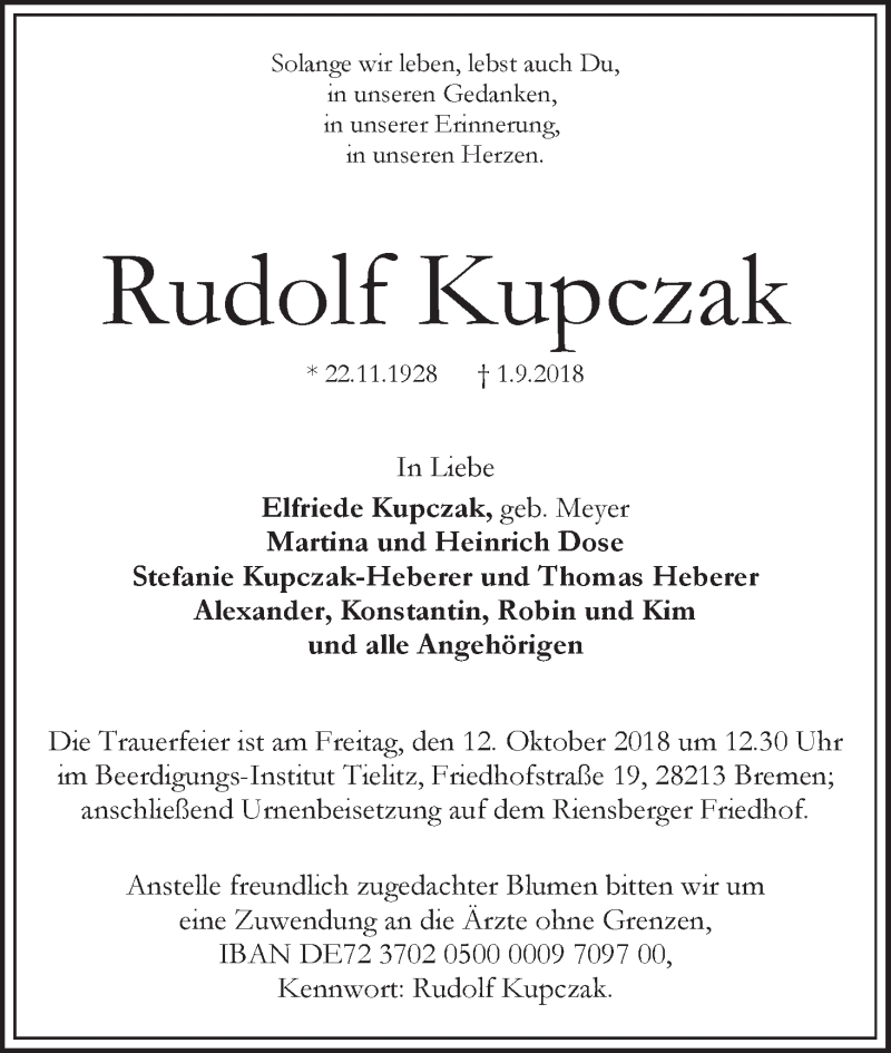  Traueranzeige für Rudolf Kupczak vom 15.09.2018 aus WESER-KURIER