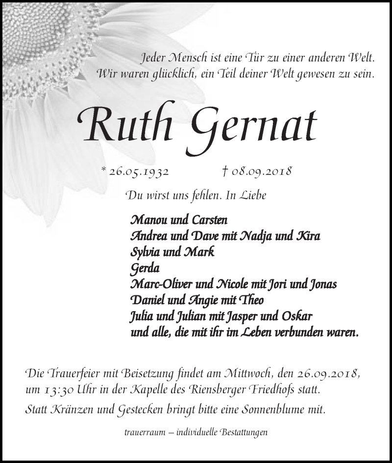  Traueranzeige für Ruth Gernat vom 19.09.2018 aus WESER-KURIER
