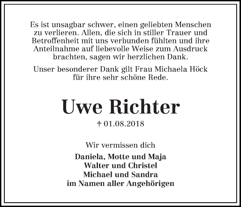  Traueranzeige für Uwe Richter vom 08.09.2018 aus Die Norddeutsche