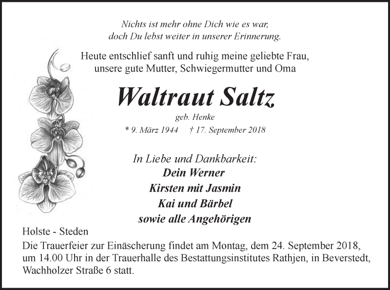 Traueranzeige für Waltraut Saltz vom 20.09.2018 aus Osterholzer Kreisblatt
