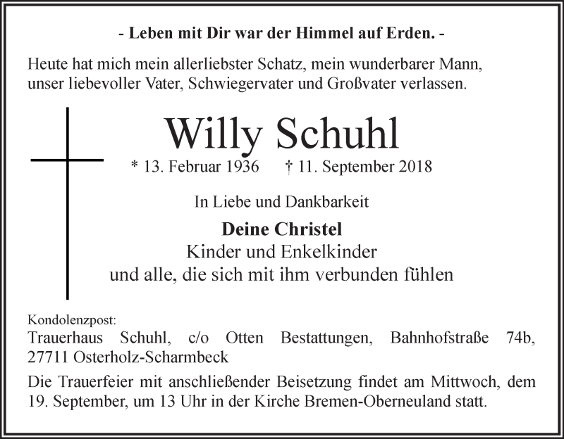  Traueranzeige für Willy Schuhl vom 15.09.2018 aus WESER-KURIER
