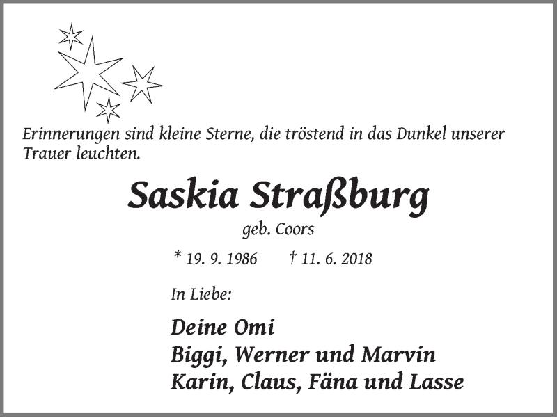  Traueranzeige für Saskia Coors vom 13.06.2018 aus WESER-KURIER