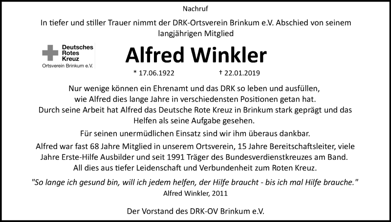  Traueranzeige für Alfred Winkler vom 26.01.2019 aus Regionale Rundschau/Syker Kurier