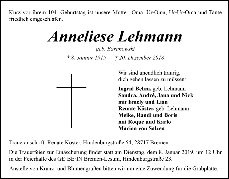  Traueranzeige für Anneliese Lehmann vom 04.01.2019 aus Die Norddeutsche