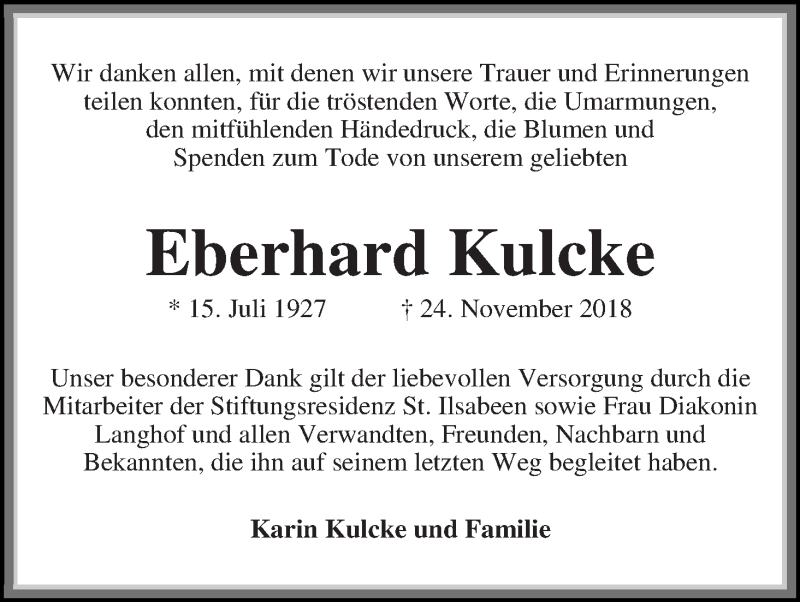  Traueranzeige für Eberhard Kulcke vom 12.01.2019 aus WESER-KURIER