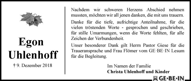 Traueranzeige für Egon Uhlenhoff vom 18.01.2019 aus Die Norddeutsche
