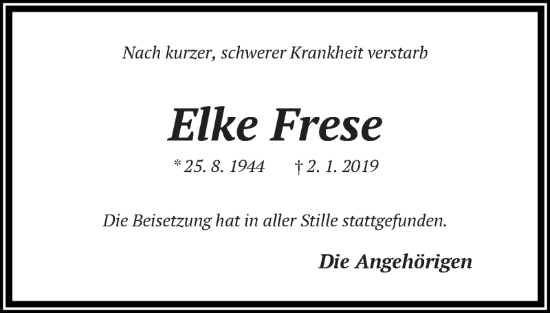  Traueranzeige für Elke Frese vom 30.01.2019 aus WESER-KURIER