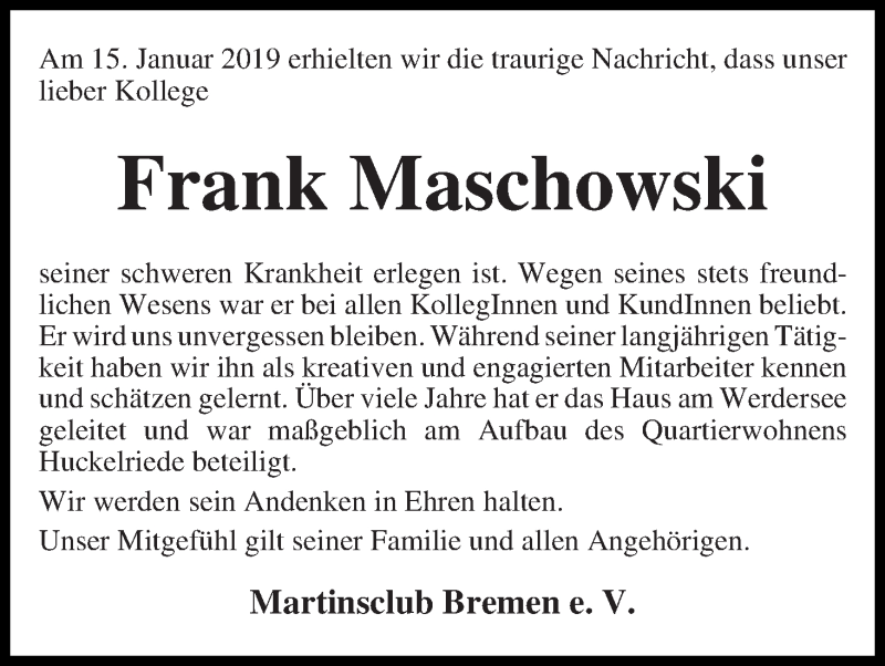  Traueranzeige für Frank Maschowski vom 19.01.2019 aus WESER-KURIER