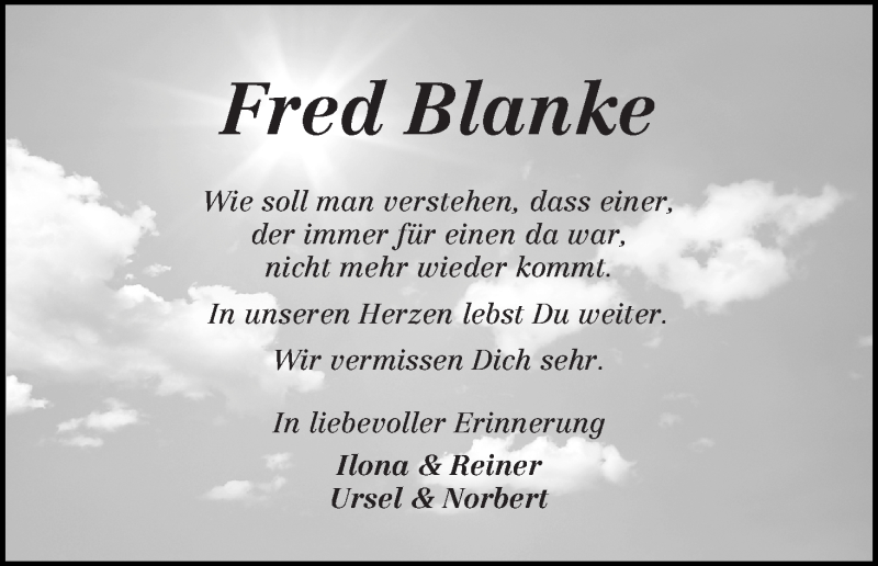  Traueranzeige für Fred Blanke vom 11.01.2019 aus Wuemme Zeitung