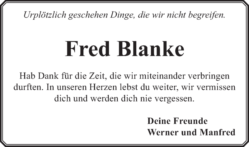  Traueranzeige für Fred Blanke vom 09.01.2019 aus Wuemme Zeitung
