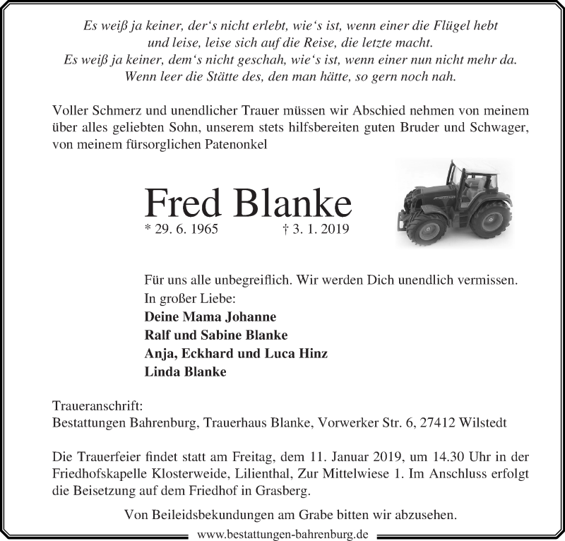  Traueranzeige für Fred Blanke vom 09.01.2019 aus Wuemme Zeitung