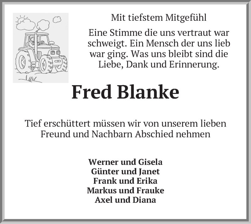  Traueranzeige für Fred Blanke vom 10.01.2019 aus Wuemme Zeitung