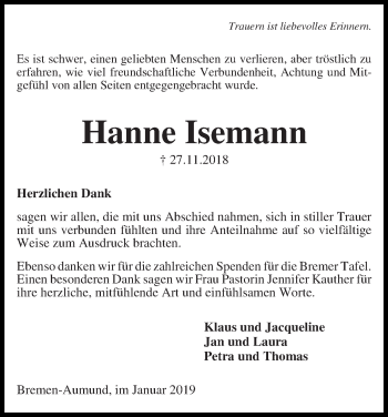 Traueranzeige von Hanne Isemann