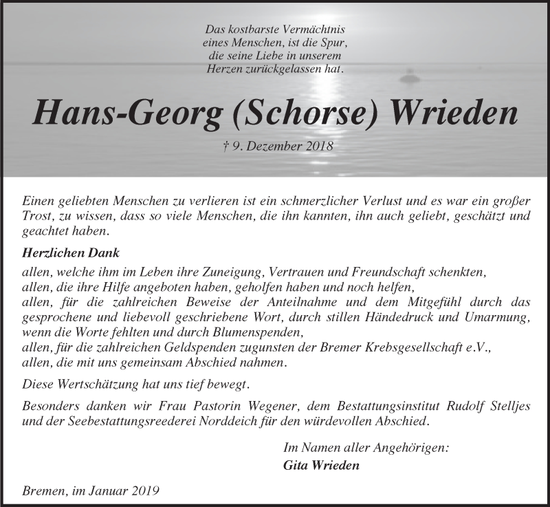  Traueranzeige für Hans-Georg (Schorse) Wrieden vom 23.01.2019 aus WESER-KURIER