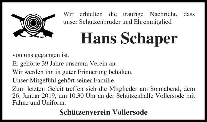  Traueranzeige für Hans Schaper vom 23.01.2019 aus Osterholzer Kreisblatt