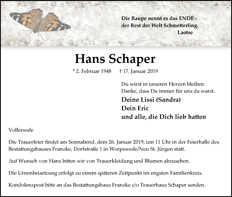 Traueranzeige für Hans Schaper vom 22.01.2019 aus Osterholzer Kreisblatt
