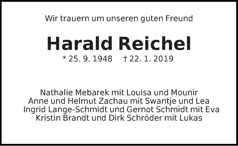  Traueranzeige für Harald Reichel vom 30.01.2019 aus WESER-KURIER