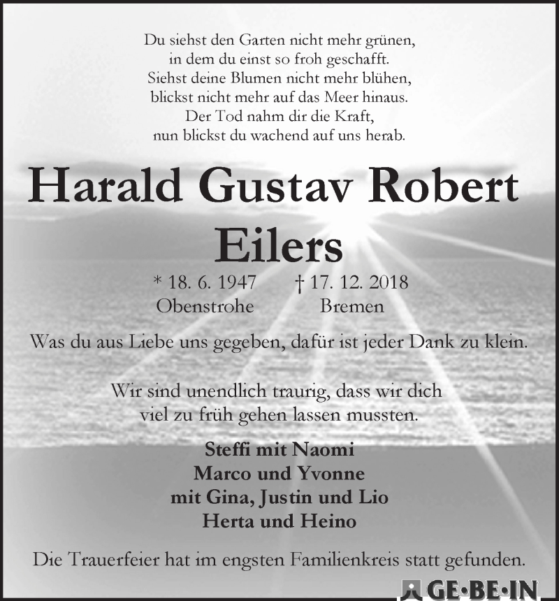  Traueranzeige für Harald Gustav Robert Eilers vom 05.01.2019 aus WESER-KURIER