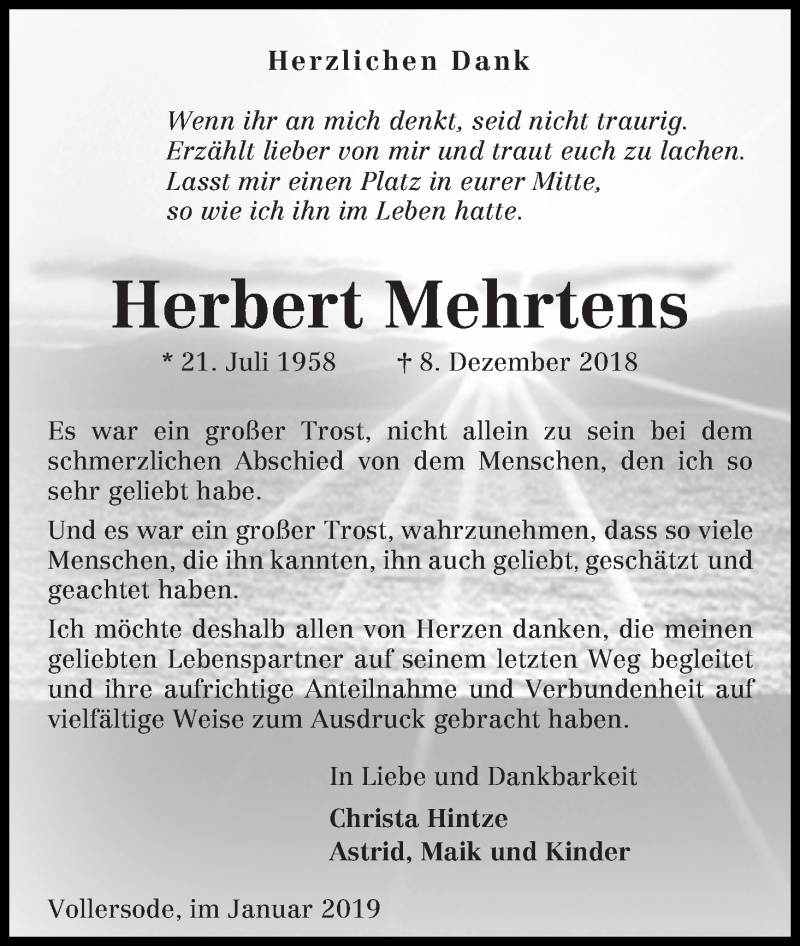  Traueranzeige für Herbert Mehrtens vom 08.01.2019 aus Osterholzer Kreisblatt