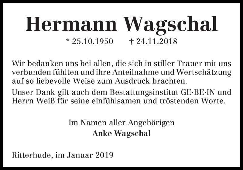  Traueranzeige für Hermann Wagschal vom 05.01.2019 aus WESER-KURIER