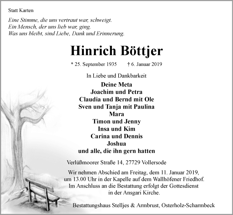 Traueranzeige für Hinrich Böttjer vom 09.01.2019 aus Osterholzer Kreisblatt
