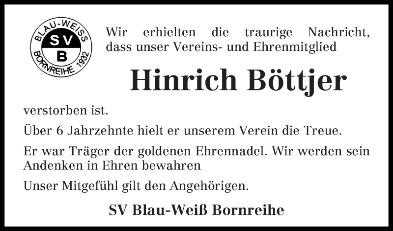  Traueranzeige für Hinrich Böttjer vom 10.01.2019 aus Osterholzer Kreisblatt