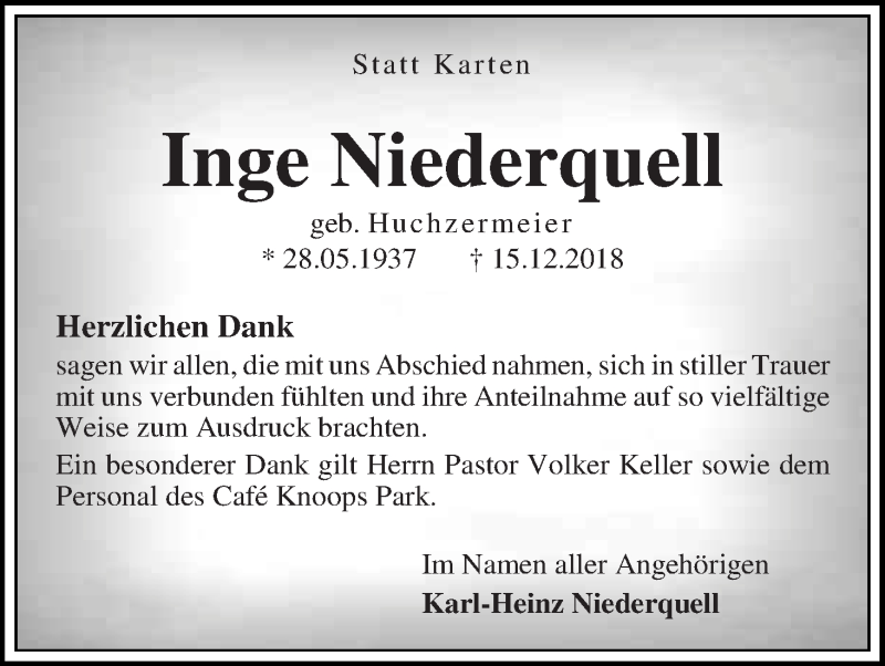 Traueranzeige für Inge Niederquell vom 25.01.2019 aus Die Norddeutsche