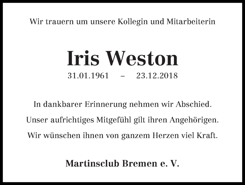  Traueranzeige für Iris Weston vom 12.01.2019 aus WESER-KURIER