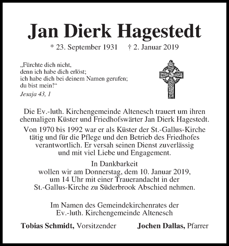 Traueranzeige von Jan Dierk Hagestedt von Die Norddeutsche