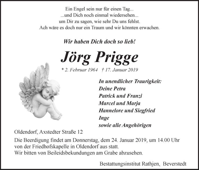  Traueranzeige für Jörg Prigge vom 21.01.2019 aus Osterholzer Kreisblatt