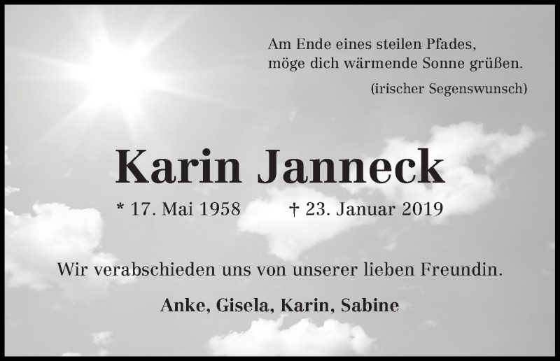  Traueranzeige für Karin Janneck vom 30.01.2019 aus WESER-KURIER