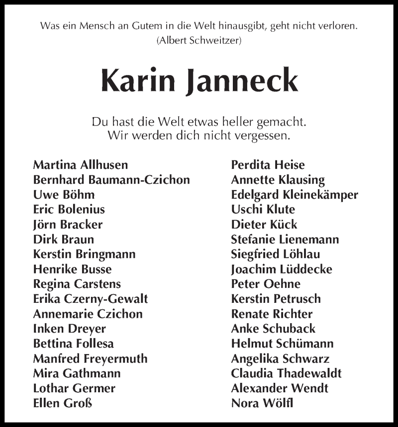  Traueranzeige für Karin Janneck vom 30.01.2019 aus WESER-KURIER