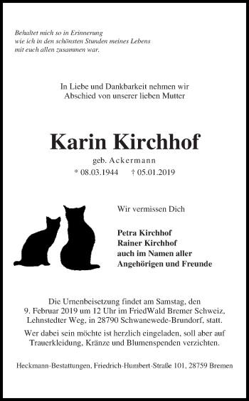 Traueranzeige von Karin Kirchhof