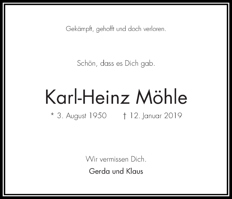  Traueranzeige für Karl-Heinz Möhle vom 19.01.2019 aus WESER-KURIER