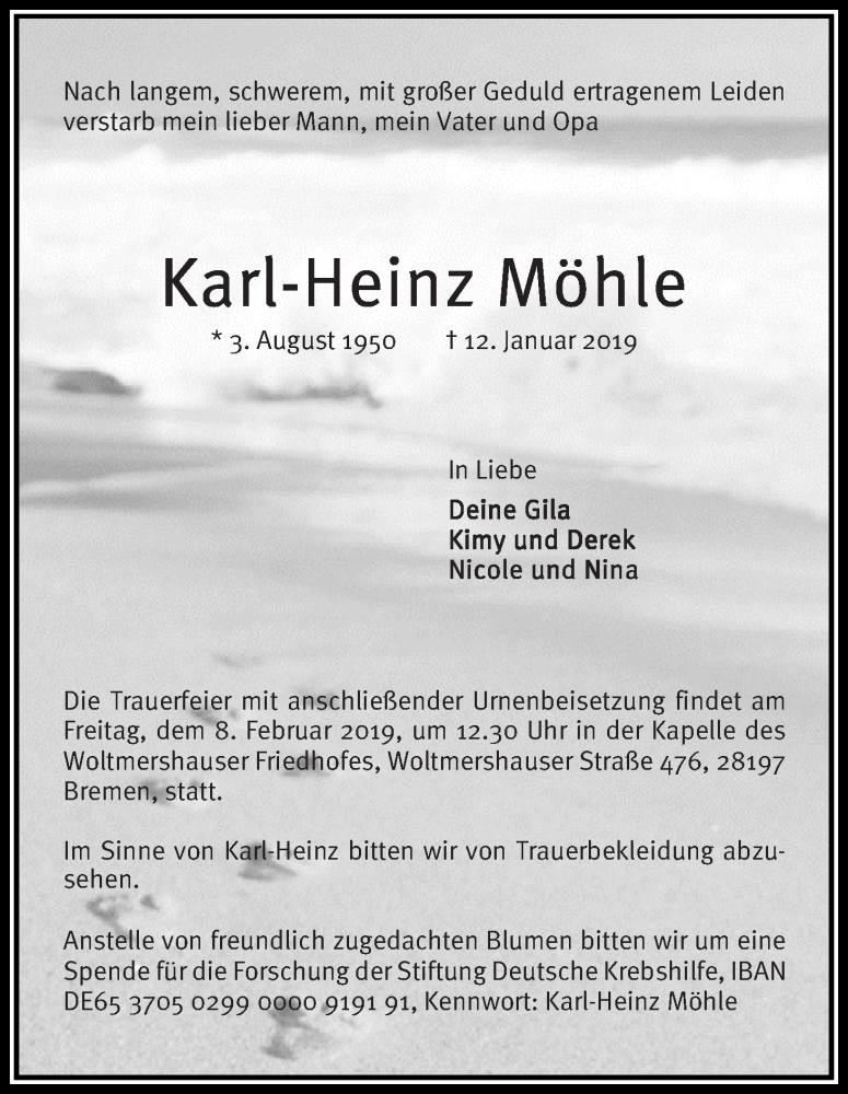  Traueranzeige für Karl-Heinz Möhle vom 19.01.2019 aus WESER-KURIER