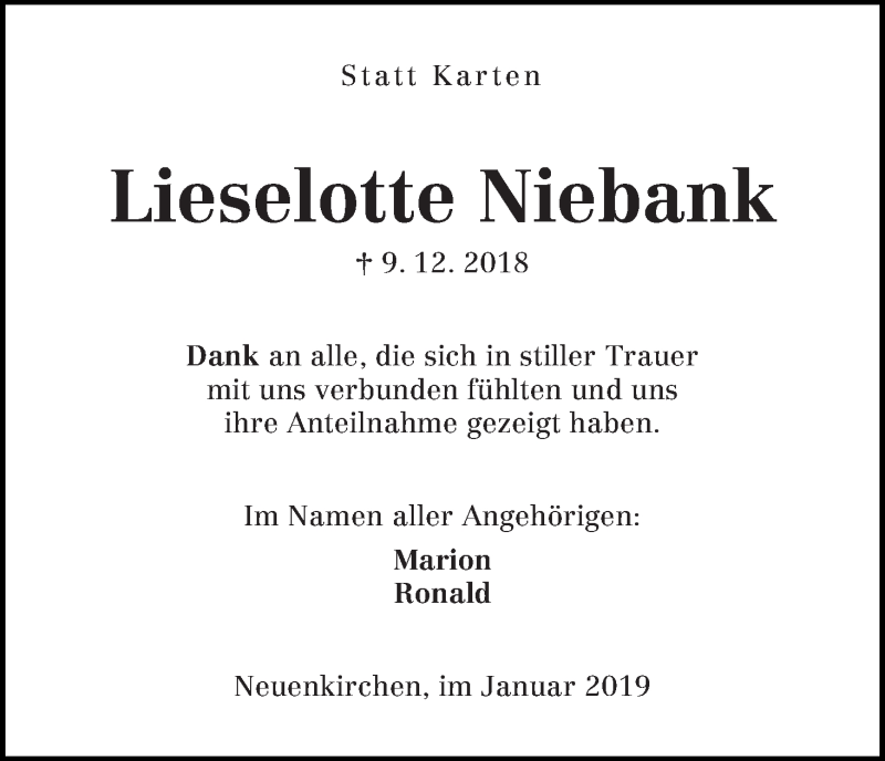 Traueranzeige von Lieselotte Niebank von Die Norddeutsche