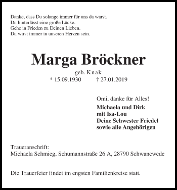 Traueranzeige von Marga Bröckner