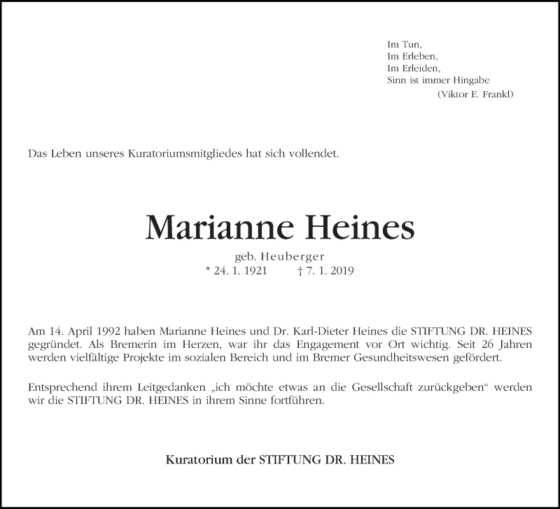  Traueranzeige für Marianne Heines vom 12.01.2019 aus WESER-KURIER
