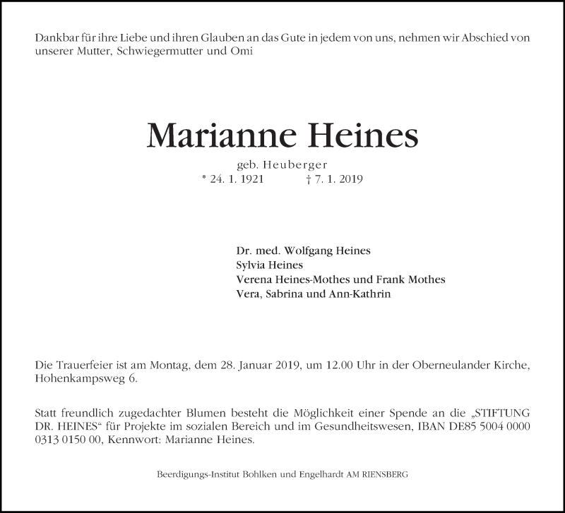 Traueranzeige für Marianne Heines vom 12.01.2019 aus WESER-KURIER
