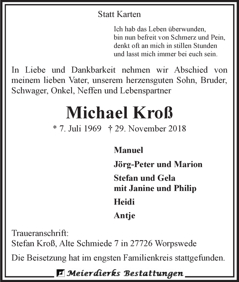  Traueranzeige für Michael Kroß vom 16.01.2019 aus WESER-KURIER