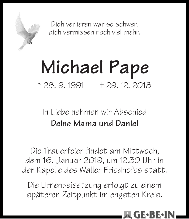  Traueranzeige für Michael Pape vom 12.01.2019 aus WESER-KURIER