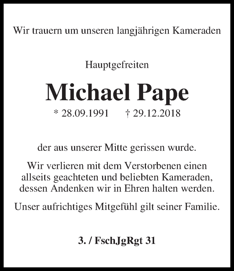  Traueranzeige für Michael Pape vom 12.01.2019 aus WESER-KURIER